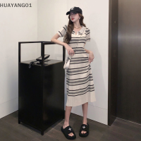 HUAYANG01 [2023 new HOT FASHION] lazlook ชุดเดรสถักลายทางวินเทจสำหรับผู้หญิงชุดเดรสแขนสั้นคอเปิดลงแฟชั่นเกาหลีสำหรับฤดูร้อน