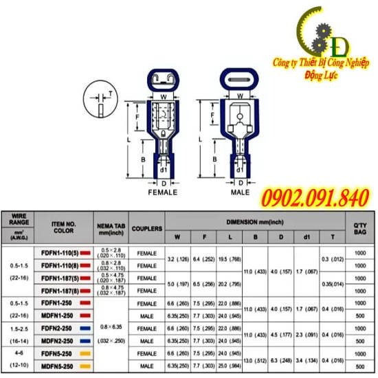 Đầu cos ghim dẹp đực+cái bọc phủ nhựa fdfn+mdfn 50cái đầu cosse nối dây - ảnh sản phẩm 2