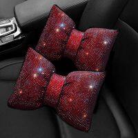 2pcs Red Diamond Crystal Bowknot Car Neck Pillow Rhinestone Auto Headrest Seat Support Pillows Bling Car Accessories for Women Seat Cushions