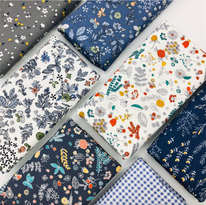 100 Pure Kain Cotton Twill 60" Handmade Sewing Fabric Blue Grey Floral