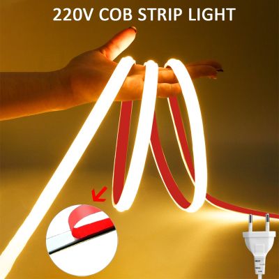 【LZ】 High Brightness 220V COB LED Strip Light Adhesive Waterproof Flexible Ribbon LED Tape Light for Bedroom Kitchen Outdoor Lighting