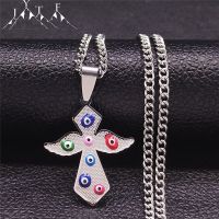 Stainless Steel Catholicism Wings Cross Necklaces Women/Men Silver Color Turkey Eye Chain Necklace Jewelry collier N5212S05