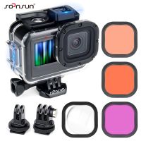 SOONSUN ซองกันน้ำขนาด60ม. พร้อมชุดฟิลเตอร์สำหรับ Gopro Hero 11 10 9เลนส์มาโครสีดำเคสกันน้ำป้องกันกล้องสีแดงตัวกรองเวลาดำน้ำ Gopro