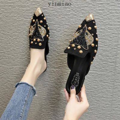 ☍◇✧ Korean Pointed Toe Flat Half Shoes Mules Women Sandals Slippers Slow Packed Head Half Trich 2022 New