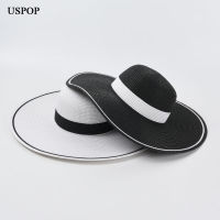 USPOP New Women Summer Straw Sun Hats Wide Brim Beach Hats Black White Straw Sun Shade