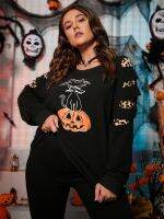 Yuisle Womens Casual Ladies Comfort Plus Size Sweatshirt Plus Halloween Pumpkin Print Contrast Leopard Raglan Sleeve Pullover Leisure Perfect Comfortable Eye-catching (Color : Black, Size : X-Large)