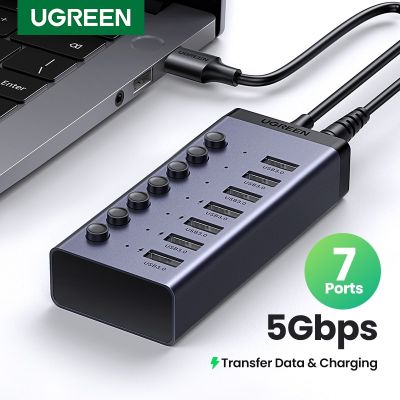 ตัวแยก USB3.0 UGREEN USB C 5Gbps 7พอร์ตตัวแยกสัญญาณพร้อมเต้าเสียบสาย USB ปิด/เปิดสำหรับ PC แล็ปทอปแมคบุ๊ค Pro/air Feona