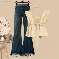 Summer suit female 2023 new large size womens clothing temperament fashion halter top all-match jeans two-piece set tide