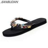 JIANBUDAN Womens flat comfortable beach shoes Non-slip soft bottom Casual flip flops Rhinestone decoration Summer flat slipper