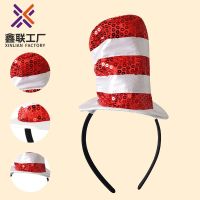 Cosplay Prom Hat Red White Sequin Stripe Stage Performance Hat Mini Cap Headgear Cap Dr. Seuss Cap cosplay