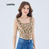 ♤✲ Lovito เสื้อครอป แขนกุด คอเหลี่ยม ลายดอกไม้ สไตล์วินเทจ สำหรับสตรี L49ED016 (หลากสี)