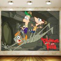 (ร้อน) การ์ตูน Phineas และ Ferb เด็กวันเกิดพรรคฉากหลังอุปกรณ์ทารกฝักบัวการถ่ายภาพแบนเนอร์ภาพพื้นหลังสำหรับตกแต่งตาราง