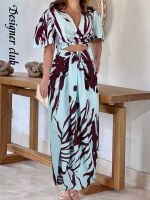 ✼♝ Women 39;s Fashion Short sleeved Printed Two piece Set V neck Cropped Tops Loose Pleated Skirt Suit 2023 Elegant Office Lady Outfit