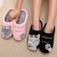 【YF】 Women Winter Home Slippers Cartoon Cat Non-slip Warm Indoor Bedroom Floor Shoes Woman Plush Faux Fur Slides Flip Flops