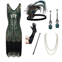 KK1920s Flapper Vintage เลื่อมพู่ลูกปัดเล็บพู่ชุด Great Gatsby Charleston PartyDinner Dress Plus อุปกรณ์เสริม Setq11