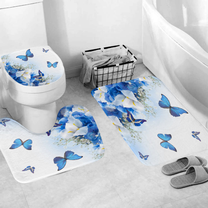 in-stock-ม่านอาบน้ำชุดม่านอาบน้ำผีเสื้อสีฟ้าม่านอาบน้ำโพลีเอสเตอร์พิมพ์ดิจิตอลม่านห้องน้ำแบบไม่เจาะรู