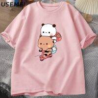 Panda and Brownie Bear Couple Bike Riding T-shirts Oversized Funny Cartoon T Shirt Men Cotton O Neck Mens Clothing Streetwear