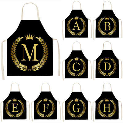 Black Golden Crown Letter Alphabet Print Kitchen Apron for Woman Man Cotton Linen Aprons for Cooking Home Cleaning Tools Tablier Aprons