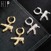 Hip Hop 1Pair Iced Zircon AK47 Earring Gold Color Micro Paved AAA+ Bling CZ Stone Earrings For Men Jewelry