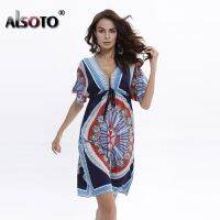 ‘；’ Summer Style Women Dress  Bat Sleeve V-Neck Beach Dresses Mini Print Slim Ladies Vestidos Mujer Casual Dress