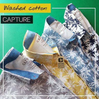 Capture Shirt เสื้อเชิ้ตผู้ชาย แขนสั้น คอปก ผ้า cotton100% ลายต้นมะพร้าว มีถึงอก 48 นิ้ว