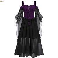 Halloween Witch Cosplay Costumes Gothic Off Shoulder Lace-Up Vestidos Bandage Mesh Sheer A-Line Long Party Xmas Dress For Women