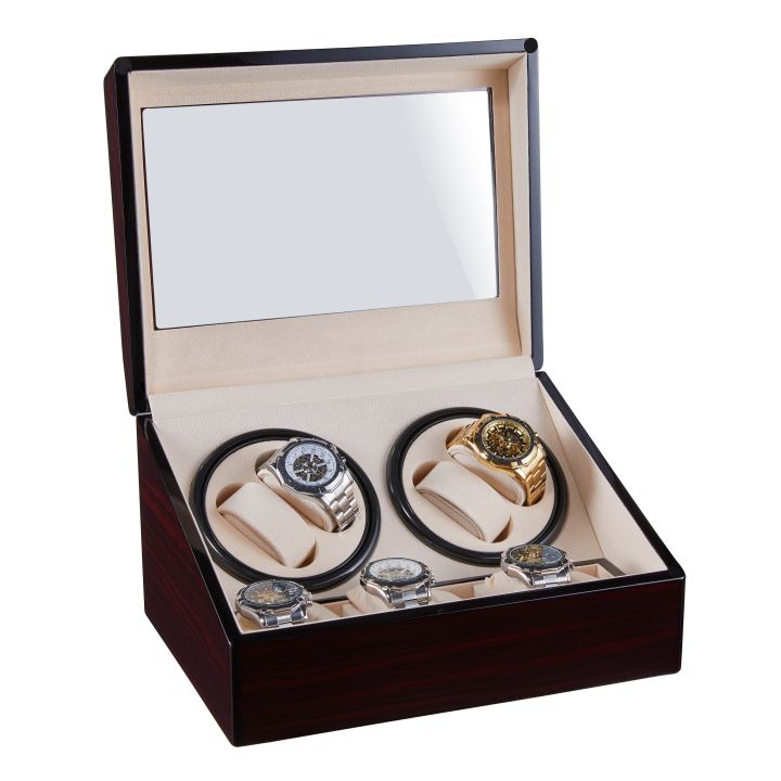 กล่องเก็บกล่องหมุนขึ้นลานนาฬิกาอัตโนมัติแบบม้วนนาฬิกาข้อมือไม้4-6กล่อง-กล่องเก็บรวบรวมกล่องเก็บมอเตอร์เงียบสองหัว