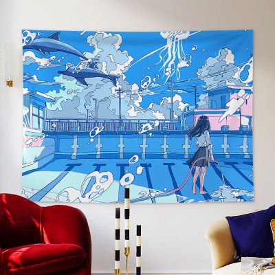 Japanese Hand-painted Illustration Printed Tapestry Cartoon Anime Whale City Landscape Tapestry Wall Hanging Kawaii Room Decor