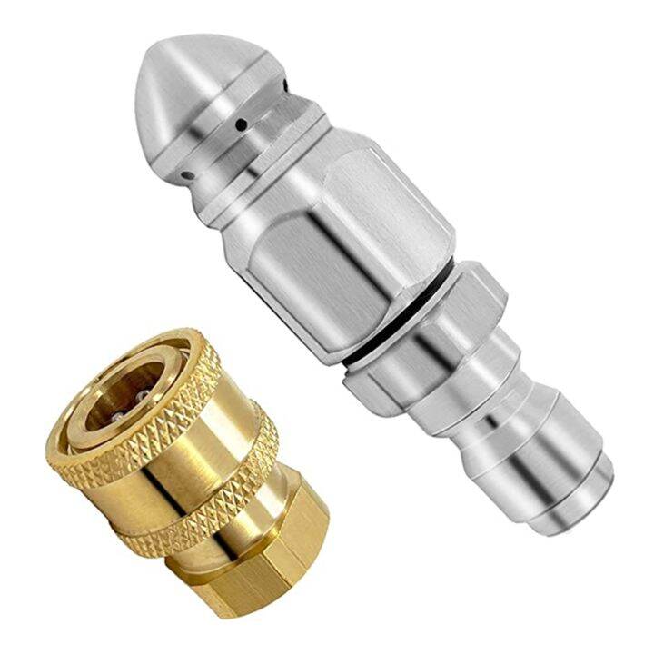 2pc-5000psi-sewer-jet-nozzle-with-pressure-washer-coupler-brass-fittings-quick-connector-1-4-inch-connect-to-female-npt