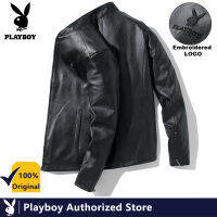 Playboy แจ็คเก็ตฤดูใบไม้ร่วงผู้ชายใหม่บางย้อนยุคแจ็คเก็ตฤดูหนาวชายหนัง PU ยืนปกกีฬาบุรุษบวกกำมะหยี่เครื่องบินทิ้งระเบิดเสื้อ (M-4XL)