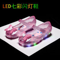 รองเท้าแตะเด็กใหม่ Jelly Princess Shoes รองเท้าแตะเด็กผู้หญิงโบว์ led ไฟกระพริบรองเท้าเด็กวัยหัดเดิน ~