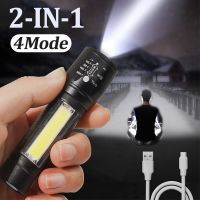 2-IN-1 LED Flashlight Bright Handheld Tactical Torch USB Rechargeable 4Modes Work Light COB Beads Flash Light for Camping Hiking Rechargeable  Flashli