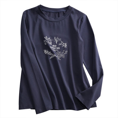VIMLY Bottomed T-shirt for Women Spring Autumn  Ins Korean Printed Long Sleeve O-neck Loose Tops Female Navy Tshirts F8979