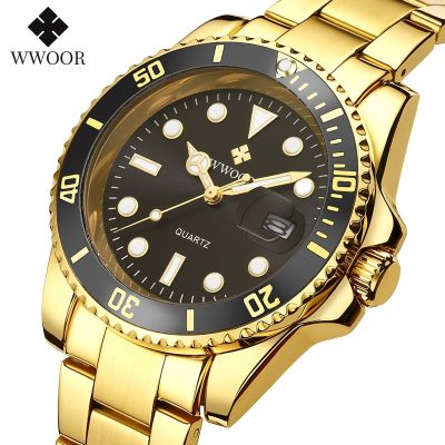 （A Decent035）WWOOR Men2022AnalogWatch สำหรับผู้ชาย Gold BlackDive WatchStainless SteelDate Watch
