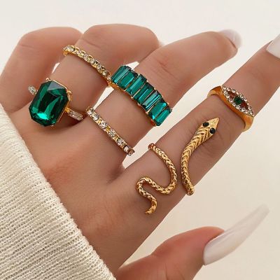 ZOVOLI 6pcs/Set Luxury Green Rhinestone Rings for Women Vintage Crystal Snake Adjustable Metal Ring Set Jewelry Free Shipping