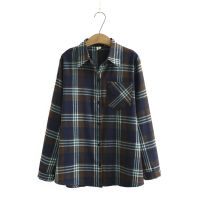 【มีไซส์ใหญ่】Plus Size XL-4XL Womens A-line Long Sleeved Plaid Blouse Vintage Turn-down Collar Vintage Ladies OL Tops