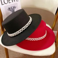 Cande Color Wool Fedora Hats For Women Hat Pearl Belt Fashion Flat Hat Church Panama Hats Autumn Winter Jazz Cap Wide Brim Шапка