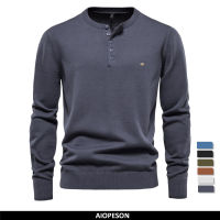 AIOPESON Henley คอผู้ชายเสื้อกันหนาวผ้าฝ้าย100 สีทึบลำลองสำหรับบุรุษ P Ullovers ใหม่ฤดูใบไม้ร่วงบางเสื้อกันหนาวที่มีคุณภาพสูงสำหรับผู้ชาย