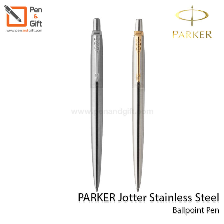 parker-ปากกา-ป๊ากเกอร์-ลูกลื่น-จ๊อตเตอร์-สีเงินคลิปทอง-สีเงินคลิปเงิน-parker-jotter-stainless-steel-ballpoint-pen-with-gold-trim-chrome-trim-penandgift