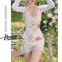 Hannie-Women Vintage Floral Ruched Mesh Package Hip Slip Dress