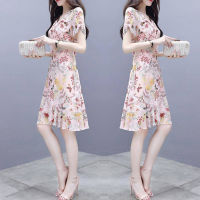 【ready stock 】First language fashion new hot sale new hot sale Summer Women Fashion Elegant Slim Flower Printing Short Sleeve Dress