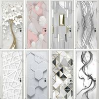 PVC Flowers Geometry Door Sticker Modern 3D Abstract Silver Line Wallpaper White Doors Poster Self-adhesive Wall Stickers Decor