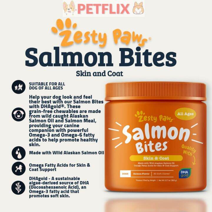 Zesty Paws Salmon Bites for Dogs Skin and Coat with DHAgold & Wild