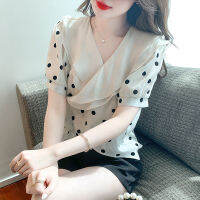 เสื้อผู้หญิงลายจุดสวยคอวีแขนสั้นใหม่ฤดูร้อน2023
