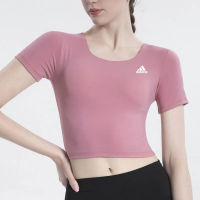 ADIDASeˉเสื้อยืดกีฬาโยคะสีทึบสำหรับผู้หญิงเสื้อแขนสั้นรัดรูปเสื้อครอปสำหรับฟิตเนสยิมวิ่งฤดูร้อน