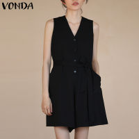 VONDA ชุดเพลย์สูทเอี๊ยมแบบหลวมคอวีสีล้วนสำหรับผู้หญิง (ลำลองเกาหลี)