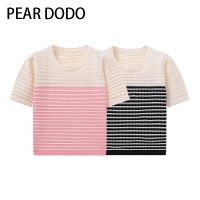 PEAR DODO เสื้อถักแขนแขนสั้นคอกลมลายทางสไตล์เกาหลีสำหรับผู้หญิง