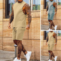 2 pcs/set  Men round neck sleeveless drawstring elastic hem casual dress pants solid color blouse shorts loose sportswear streetwear