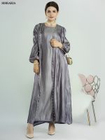 [COD] Muslim 2 Pieces Abaya Set for Ramadan Eid-al-Adha 2023 New Imitation Silk and Beaded Cardigan Robe