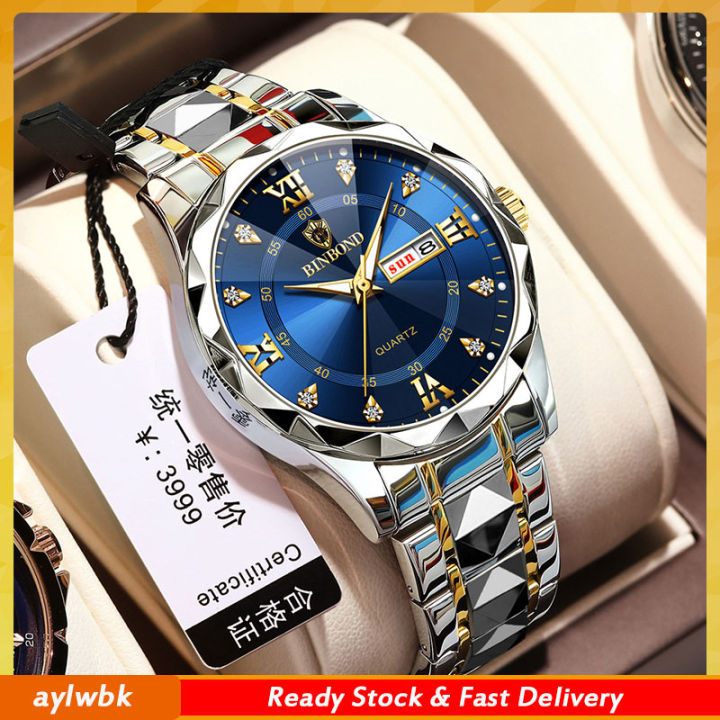 aylwbk-นาฬิกาสำหรับผู้ชายแท้กันน้ำได้-นาฬิกาควอทซ์ผู้ชายสายเหล็กสเตนเลสของขวัญนาฬิกากันน้ำได้มีสองปฏิทิน